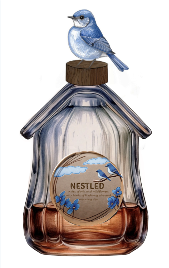 Nestled perfume bottle — birdhouse shape, Firefly AI illustration