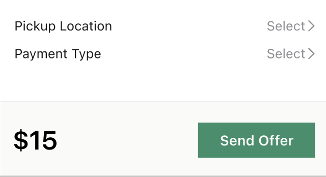 Pickup location and payment selection before sending offer