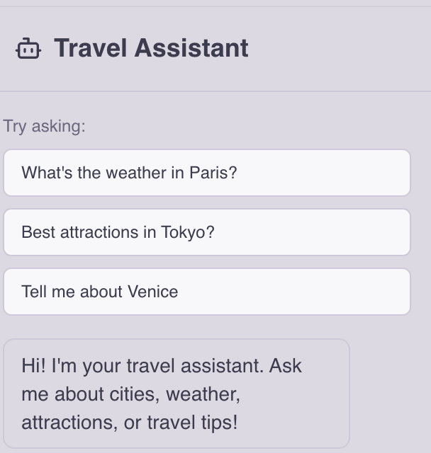 TripShare AI Travel Assistant panel with suggested prompts and a welcome message