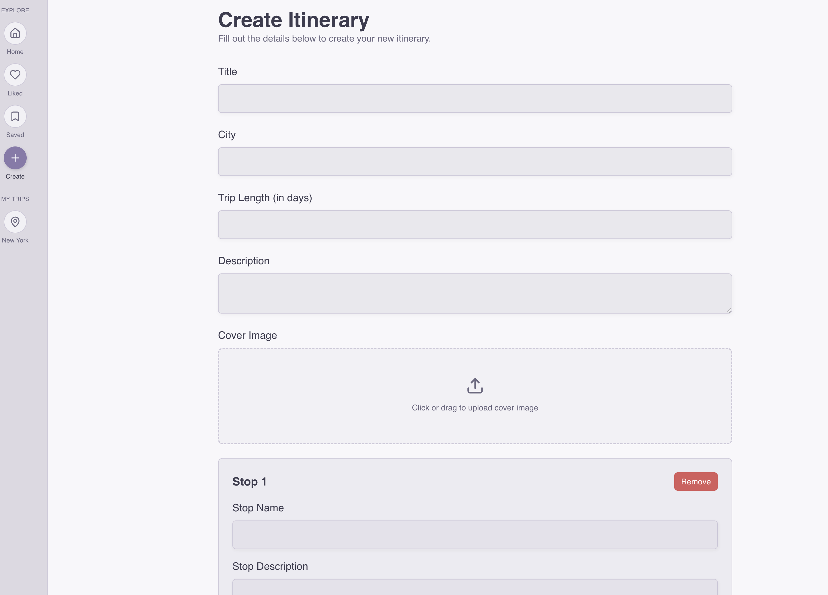 Create Itinerary form with title, city, trip length, description, cover image upload, and stop fields