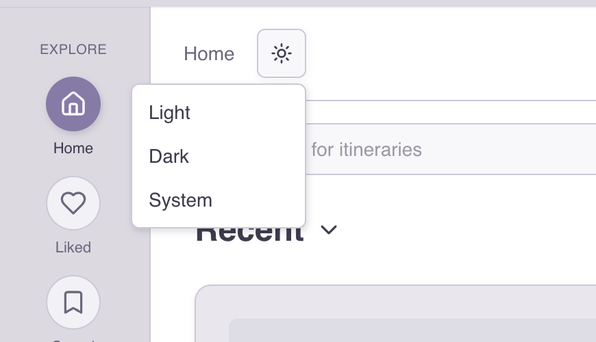 Theme dropdown menu with Light, Dark, and System options