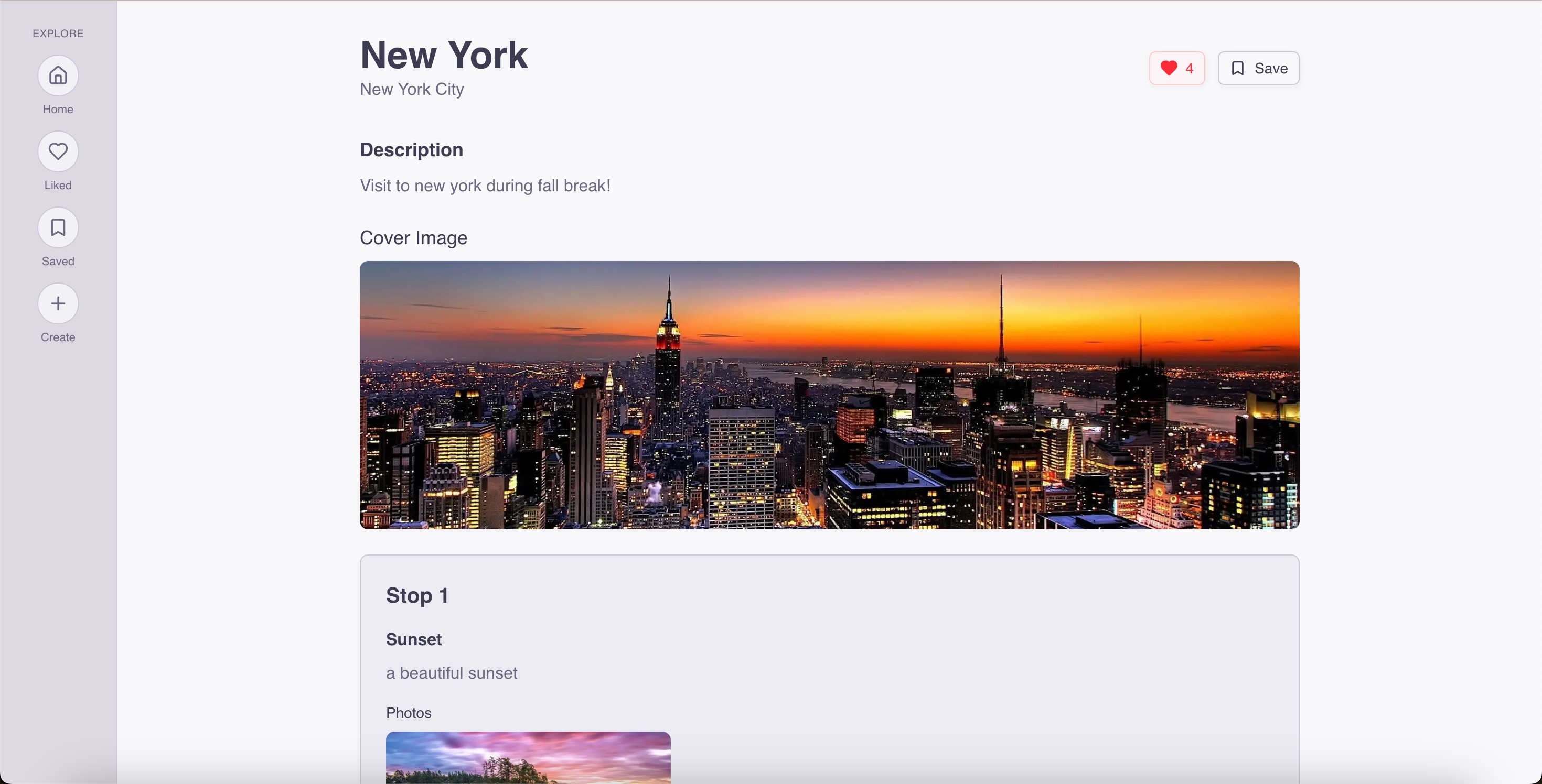 New York itinerary detail page with like count, save button, and trip stops