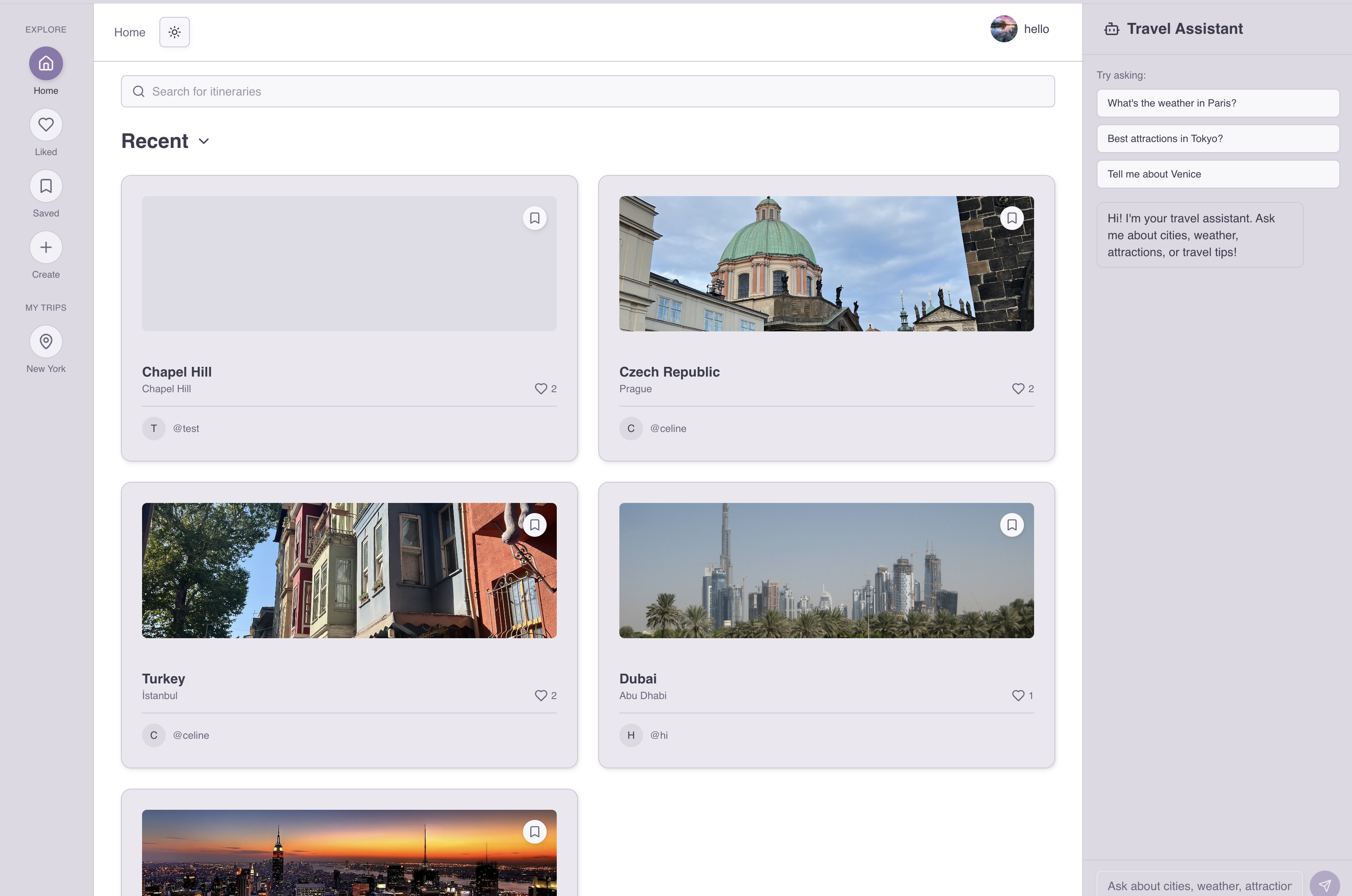 TripShare itinerary discovery feed with recent trips and the AI travel assistant panel