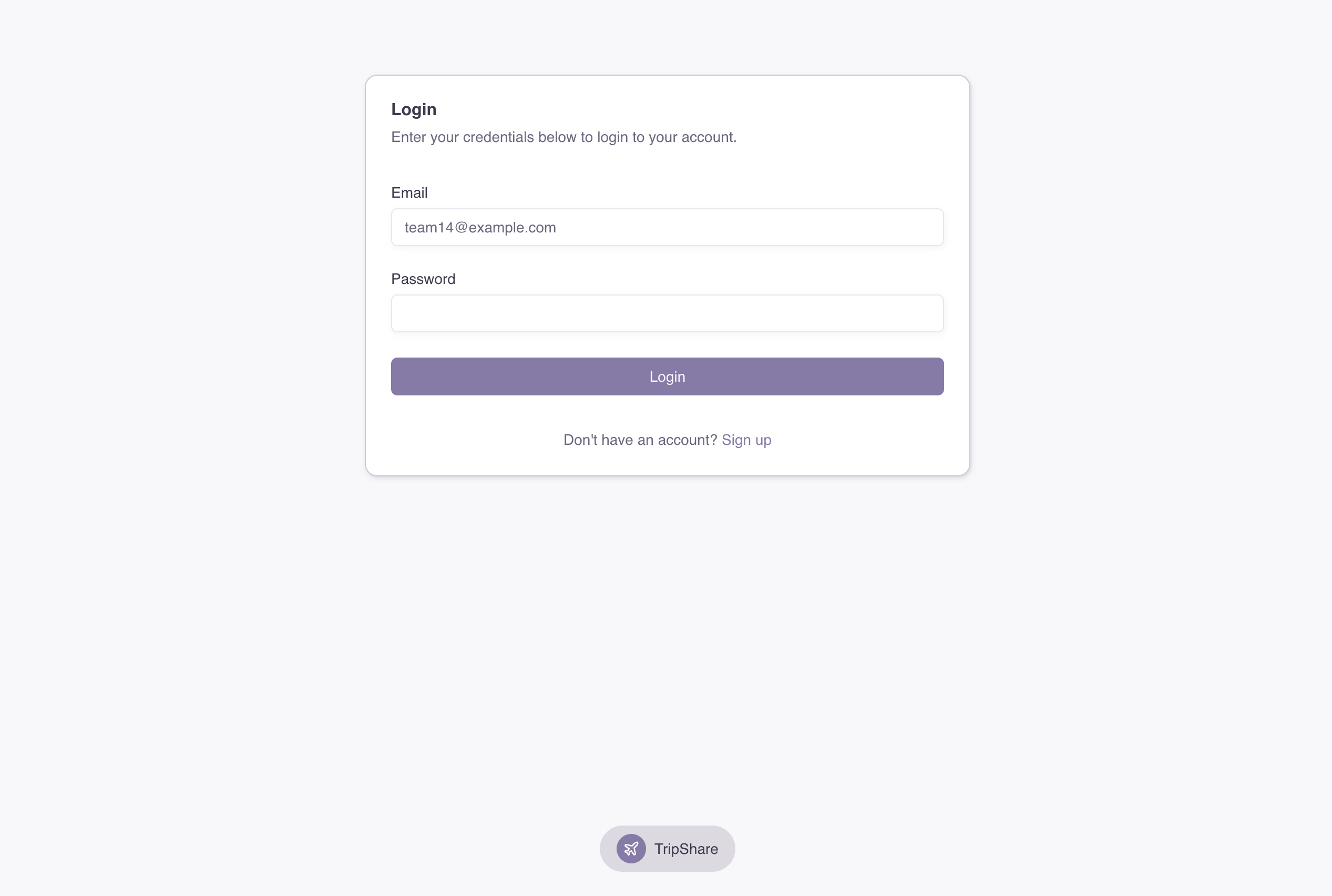 TripShare login screen with email and password fields
