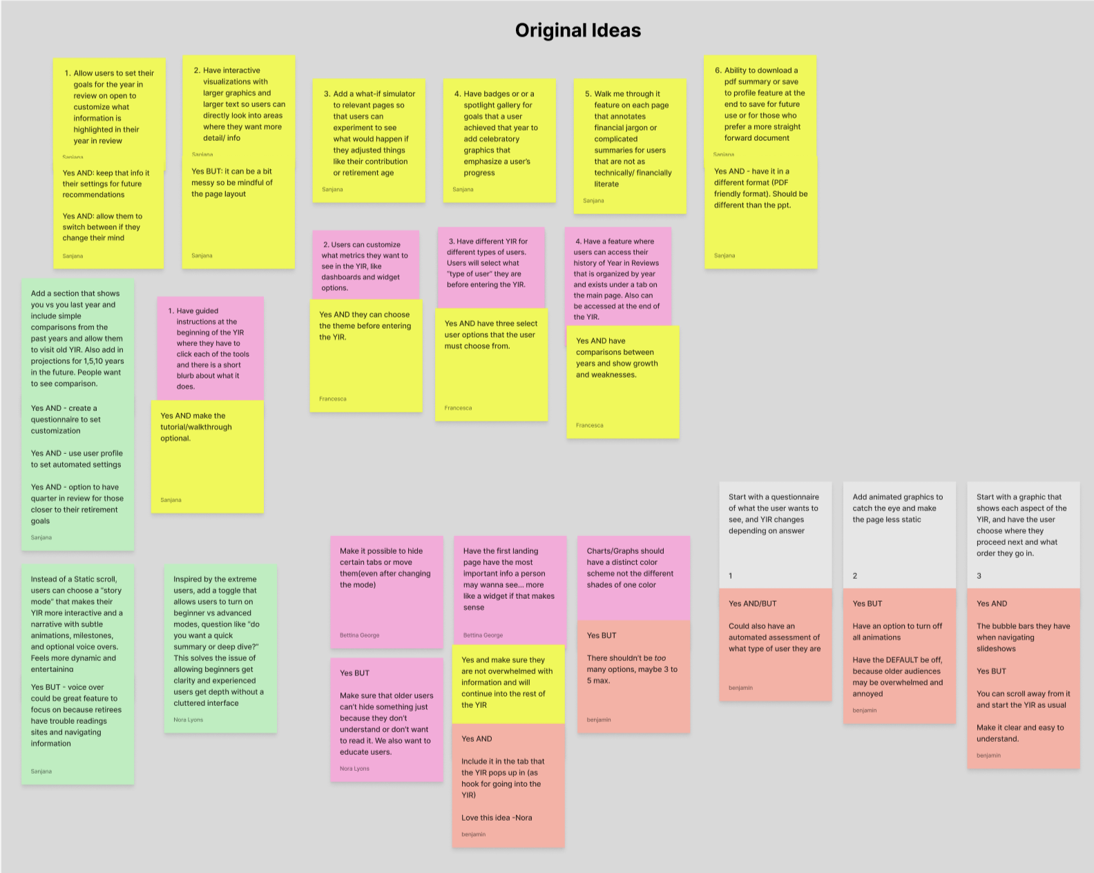 Original ideas from design thinking session — sticky note board