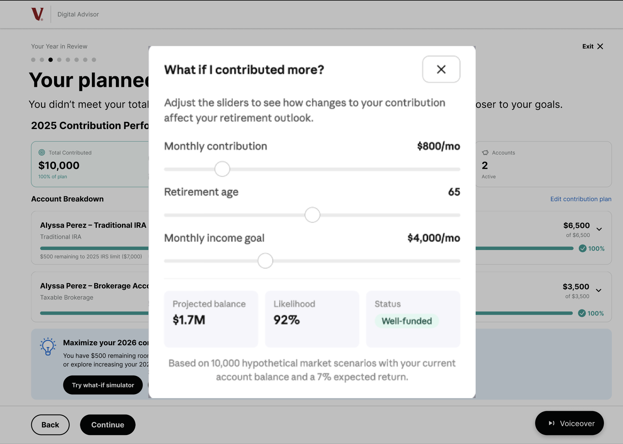 What-if simulator with sliders for monthly contribution, retirement age, and income goal showing projected balance and likelihood
